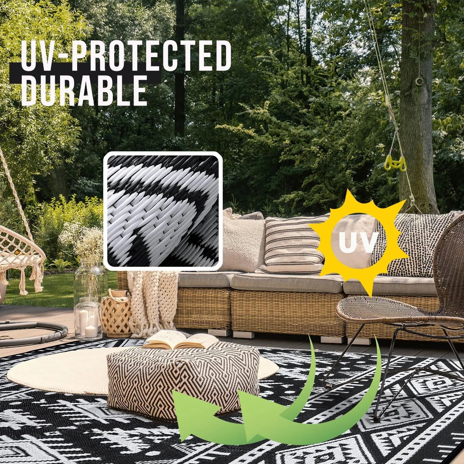 Outdoor Rug Braided Plastic Reversible Black White Patio Camping Garden Picnic Mat Waterproof UV Resistant Foldable | Thomler