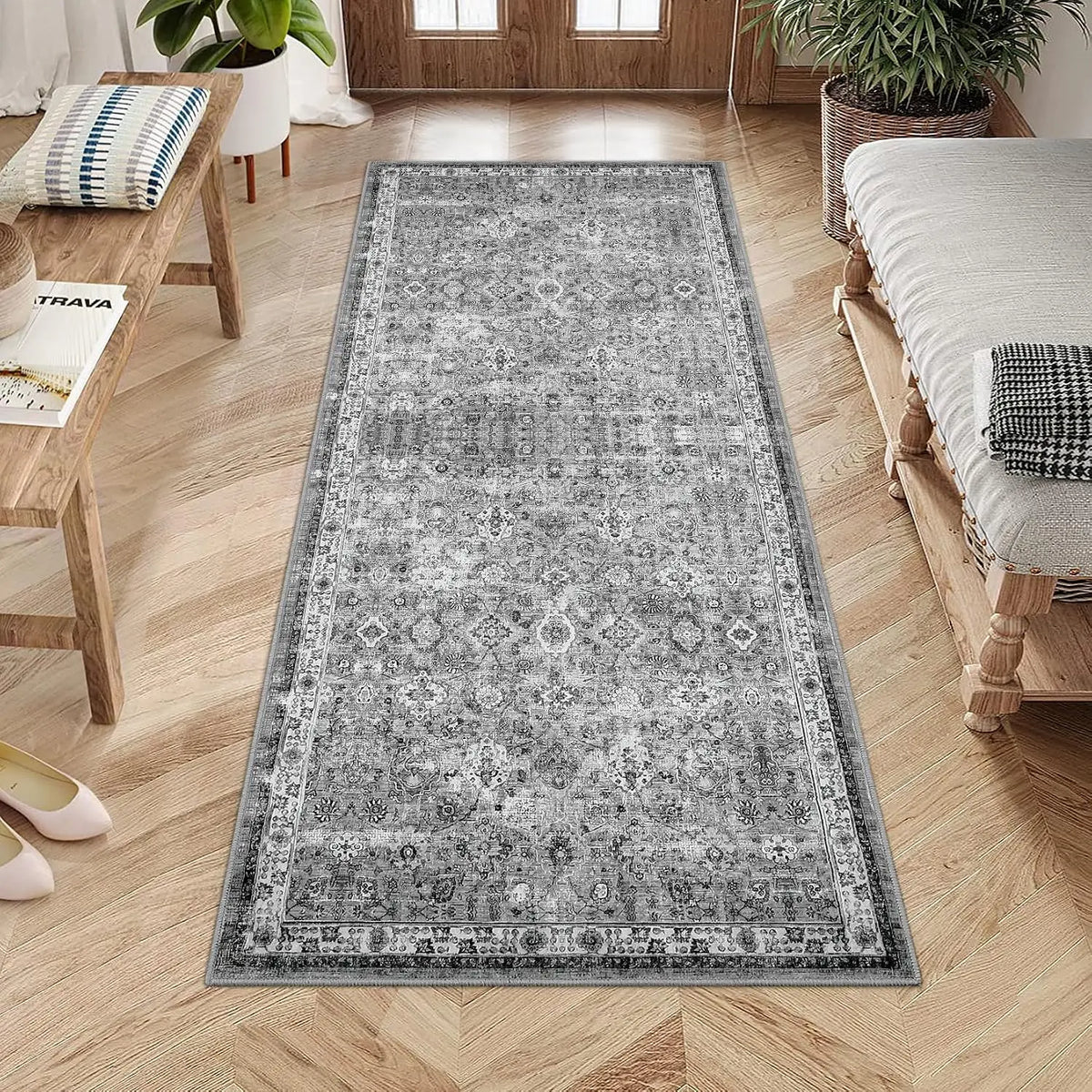 Non-Slip Vintage Area Rug for Entry, Kitchen, Bedroom | Gray Short Pile Washable Runner | Thomler