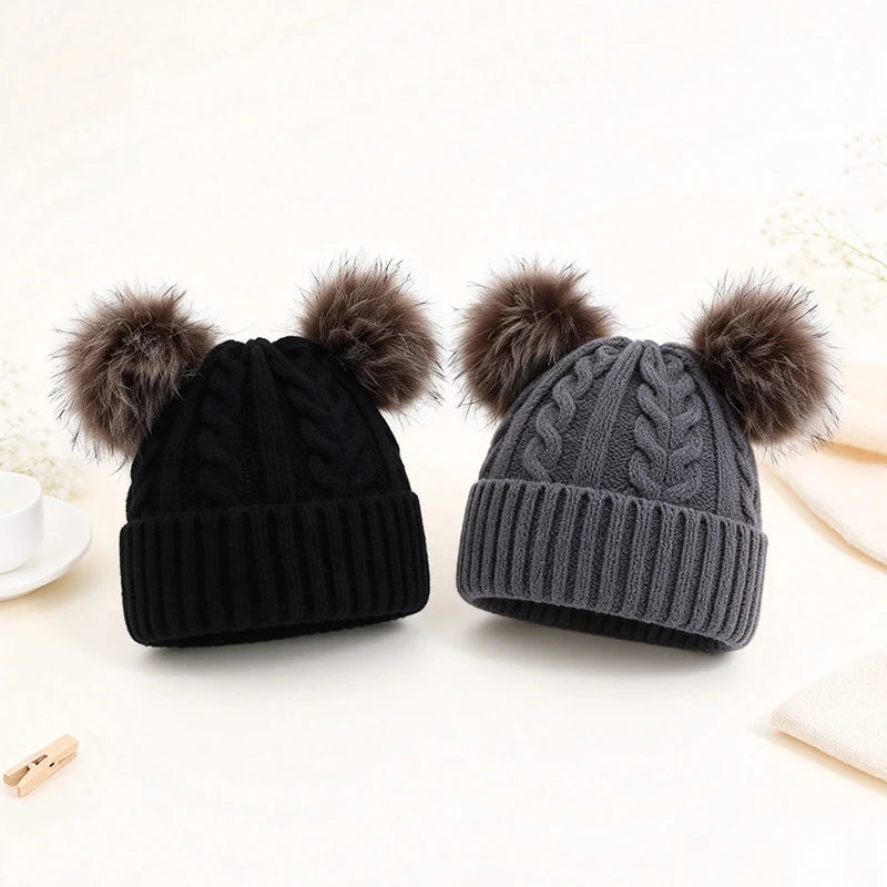 Women's Chunky Cable-Knit Winter Beanie with Dual Faux-Fur Pom-Poms – Fold-Over Cuff Hat for Cold Weather | Thomler