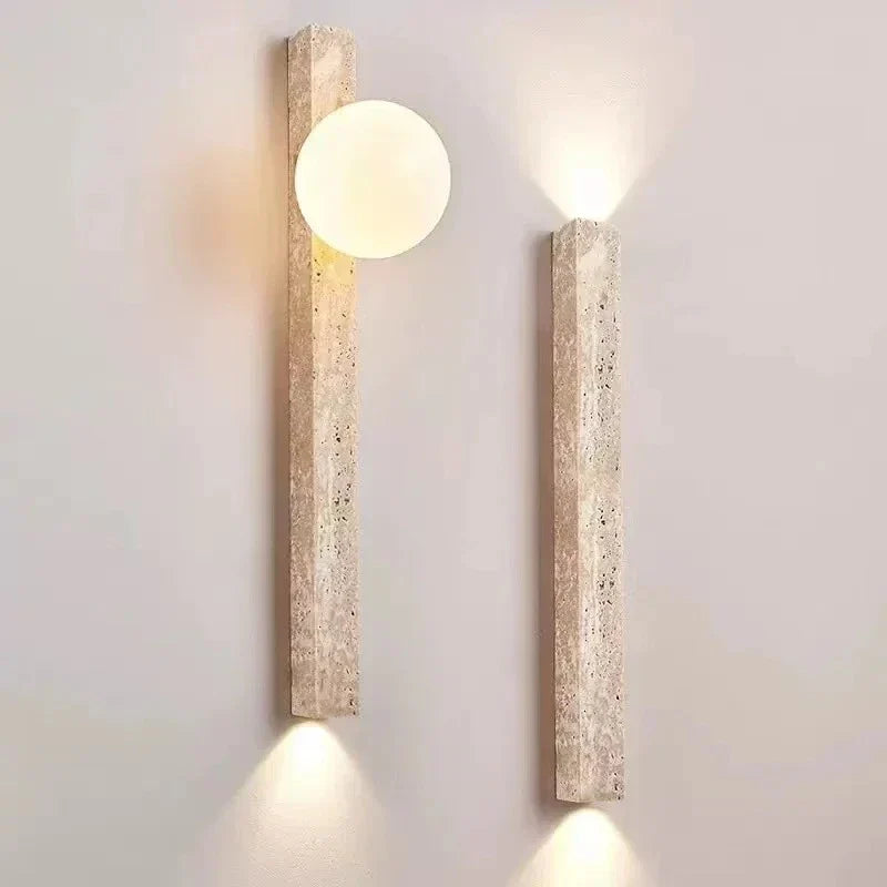 Wall Lamp Travertine Stone LED Khaki Japandi Bedroom Hallway Ambient Lighting Frosted Glass Globe Sconce | Thomler