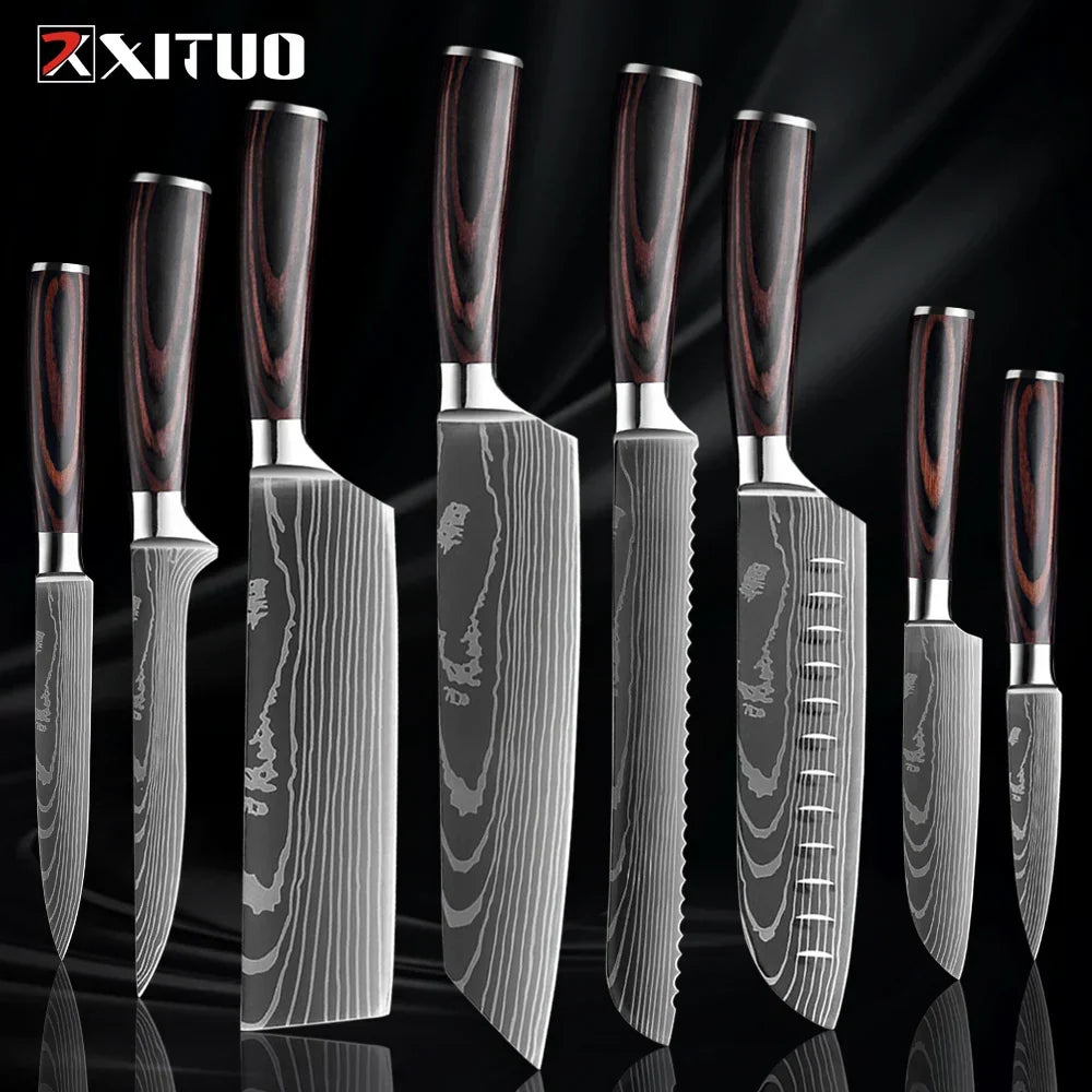 Professional Damascus-Pattern Chef's Blade Set – Hardened Steel Cutlery with Pakkawood Handles – Complete 1-9 Pc Cooking Knife Assortment | Thomler
