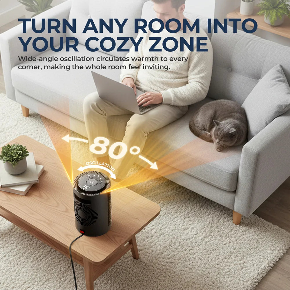 1200W Desktop Space Heater with 80° Oscillation, PTC Ceramic Heating Fan for Home & Office Comfort, LED Display & Timer | Thomler