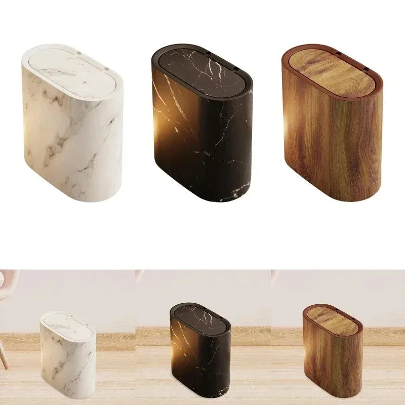 Push-Top Waste Basket with Marble-Look Finish – Slim Oval Design for Small Bathrooms, Bedrooms & Home Offices | Thomler