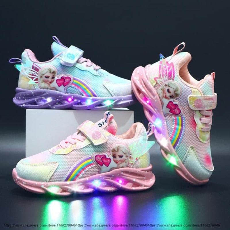 Kids Trainers Mesh LED Sole Pink Rainbow Velcro Everyday School Play Glitter Light Up Sneakers | Thomler