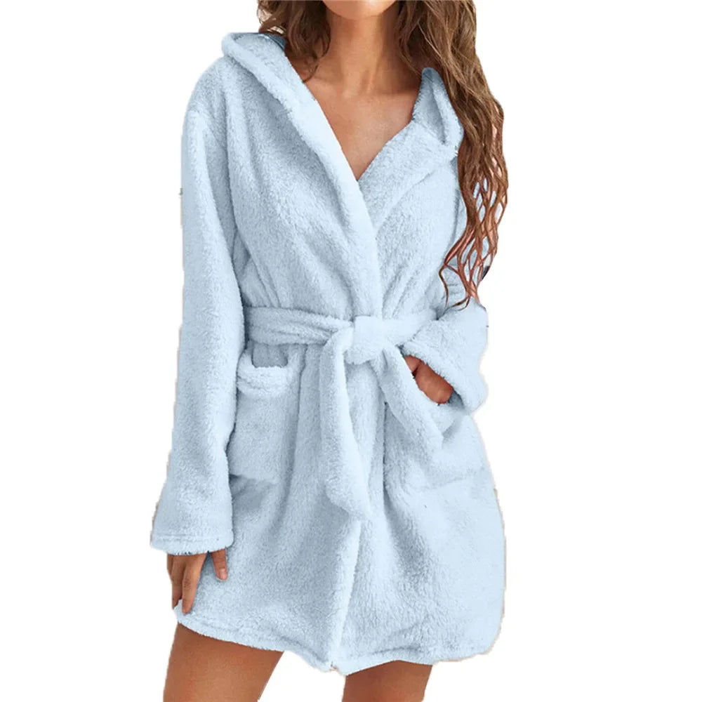 Women's Hooded Cotton Bathrobe with Belt Long Sleeve Spa Wrap for Loungewear Shower Sleepwear Home Comfort | Thomler