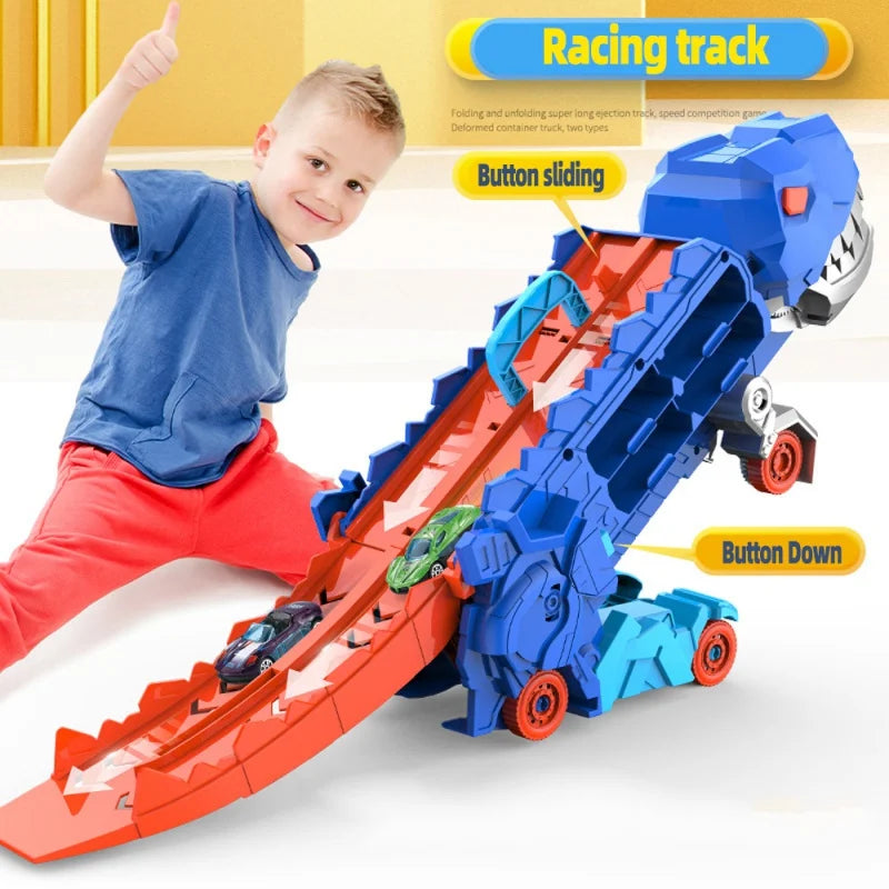 Transforming Dinosaur Race Track Playset with Storage for Mini Cars – 2-in-1 Dino Racetrack Toy for Kids Ages 3+ | Thomler