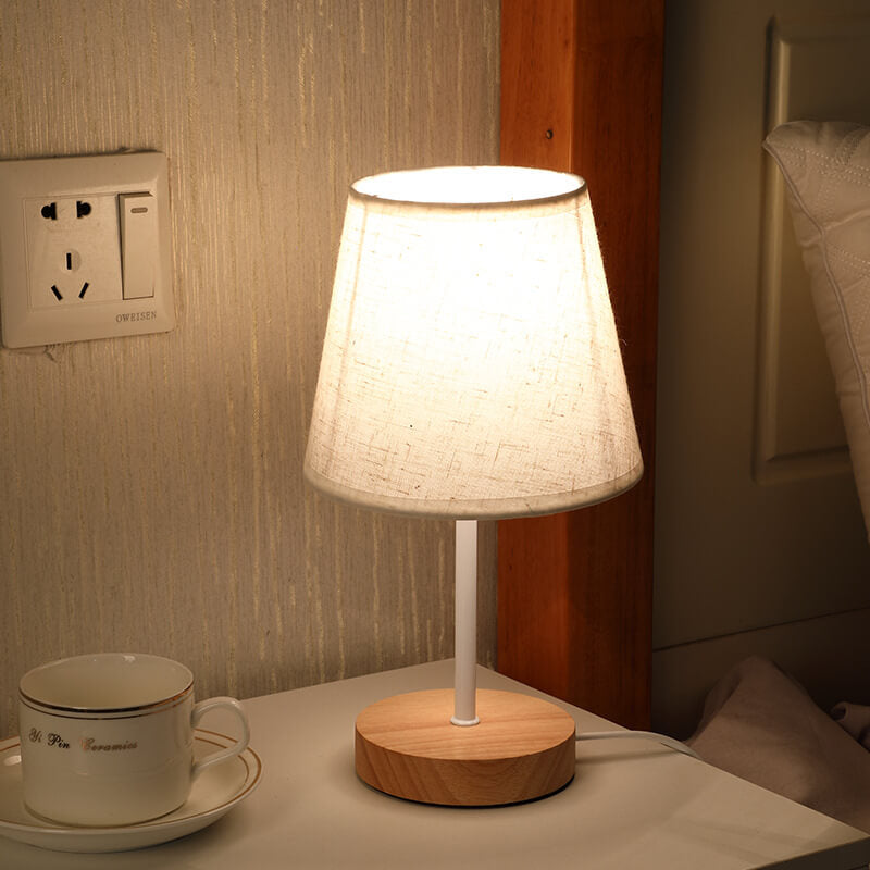 Wood Accent LED Table Lamp with Fabric Shade – USB Powered for Bedroom, Nightstand & Living Room | Thomler