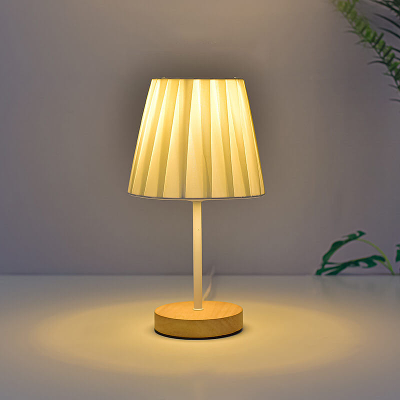 Wood Accent LED Table Lamp with Fabric Shade – USB Powered for Bedroom, Nightstand & Living Room | Thomler