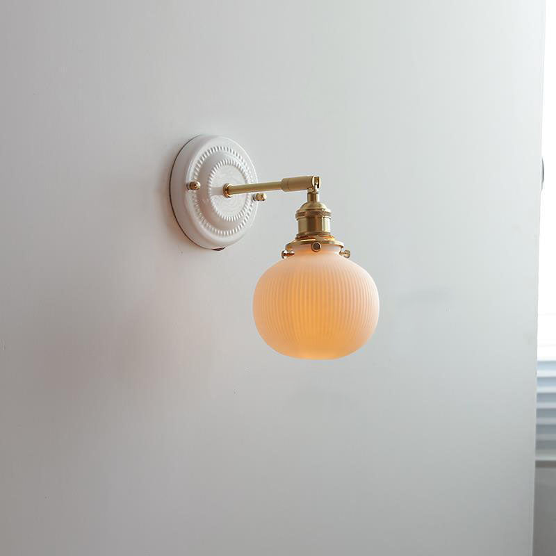 Pleated Shade Wall Sconce Lamp with Brass Arm for Bedroom Living Room & Study | Retro Japanese Style Ceramic Fixture | Thomler