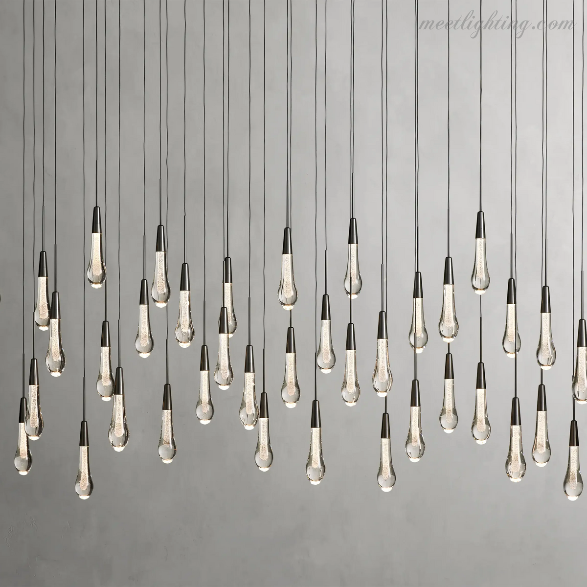 Linear LED Chandelier with Textured Glass Drops – Adjustable Height – Brass Bronze Nickel – 37 to 120 Inch – Dining Room Kitchen Island | Thomler