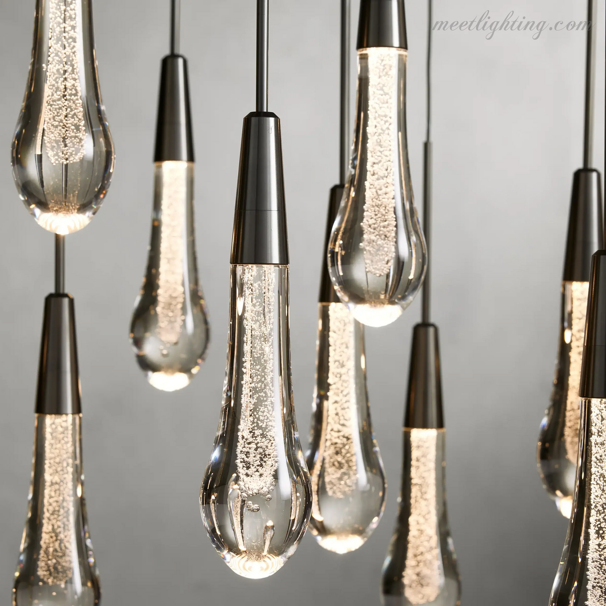 Linear LED Chandelier with Textured Glass Drops – Adjustable Height – Brass Bronze Nickel – 37 to 120 Inch – Dining Room Kitchen Island | Thomler