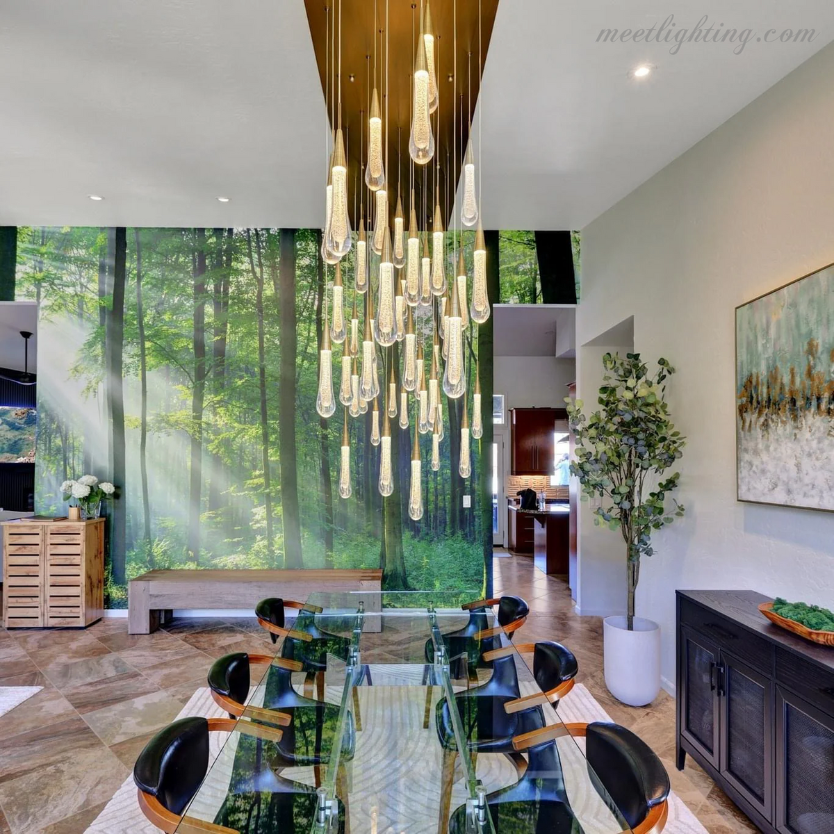Linear LED Chandelier with Textured Glass Drops – Adjustable Height – Brass Bronze Nickel – 37 to 120 Inch – Dining Room Kitchen Island | Thomler