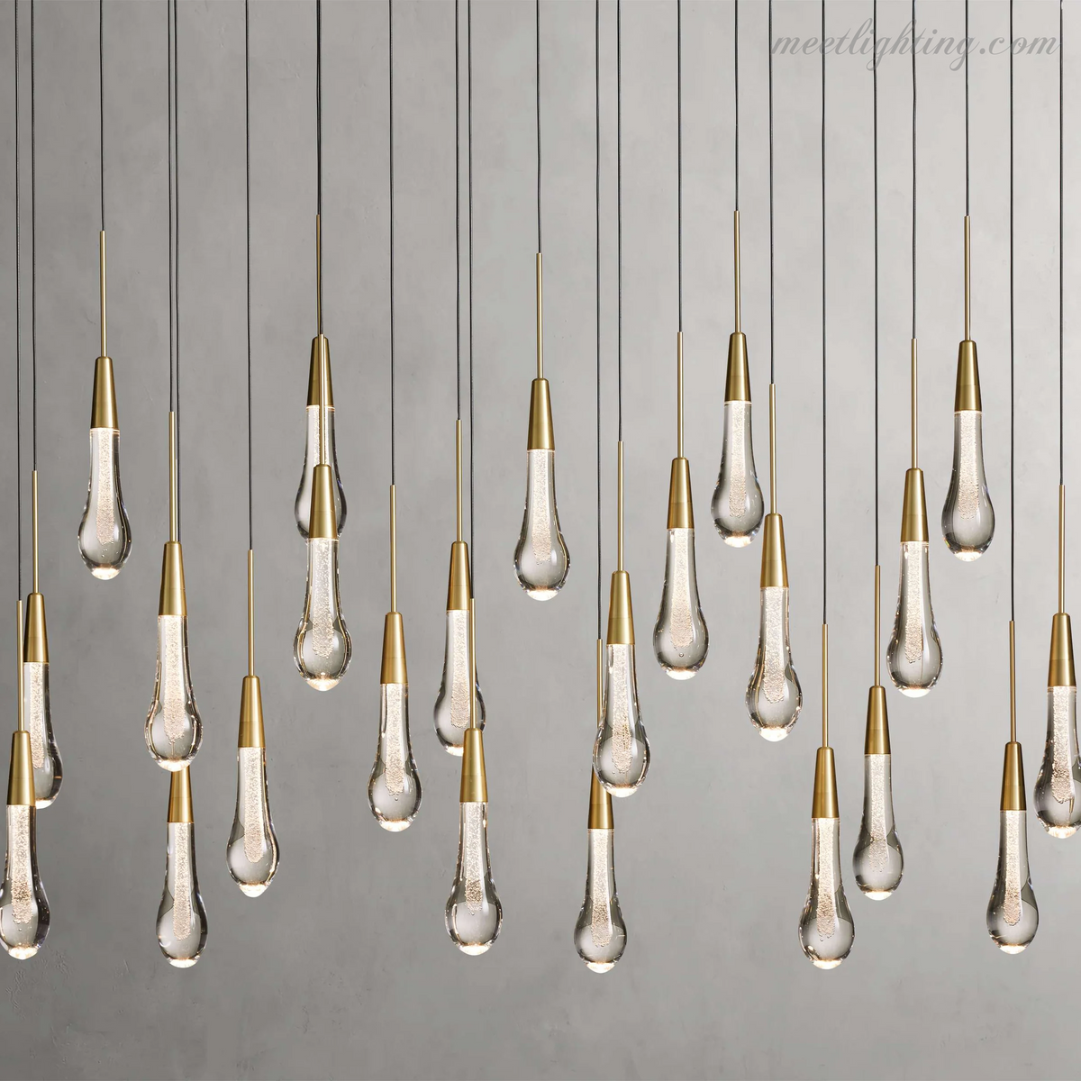 Linear LED Chandelier with Textured Glass Drops – Adjustable Height – Brass Bronze Nickel – 37 to 120 Inch – Dining Room Kitchen Island | Thomler