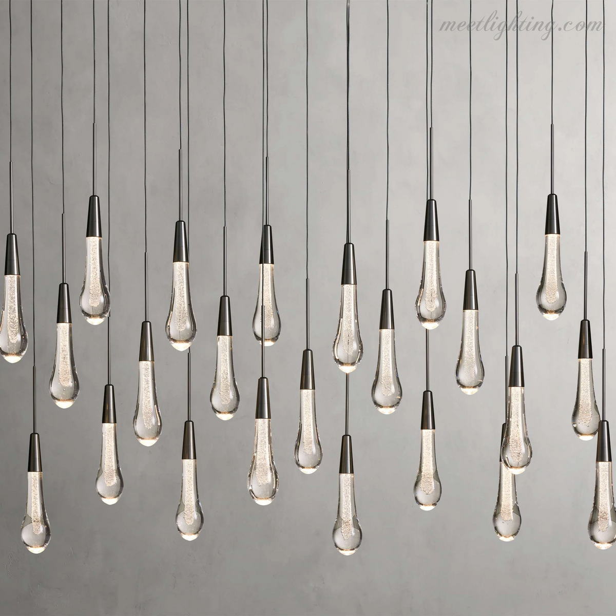 Linear LED Chandelier with Textured Glass Drops – Adjustable Height – Brass Bronze Nickel – 37 to 120 Inch – Dining Room Kitchen Island | Thomler
