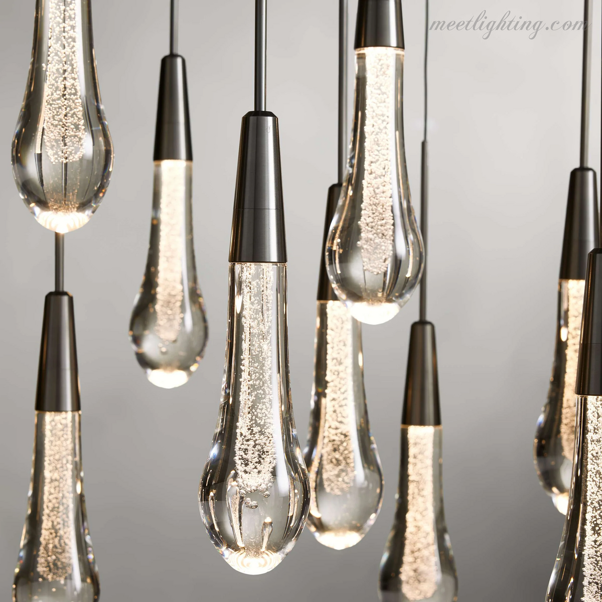 Linear LED Chandelier with Textured Glass Drops – Adjustable Height – Brass Bronze Nickel – 37 to 120 Inch – Dining Room Kitchen Island | Thomler