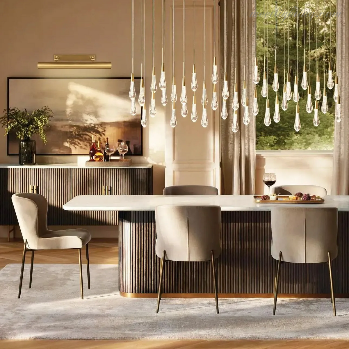 Linear LED Chandelier with Textured Glass Drops – Adjustable Height – Brass Bronze Nickel – 37 to 120 Inch – Dining Room Kitchen Island | Thomler