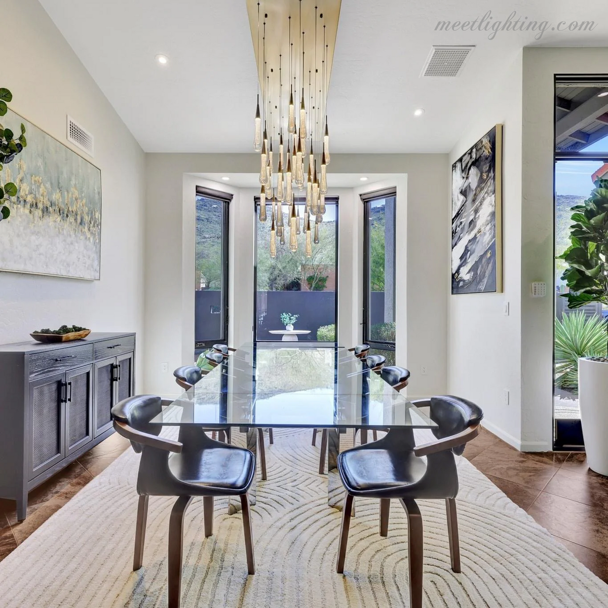 Linear LED Chandelier with Textured Glass Drops – Adjustable Height – Brass Bronze Nickel – 37 to 120 Inch – Dining Room Kitchen Island | Thomler