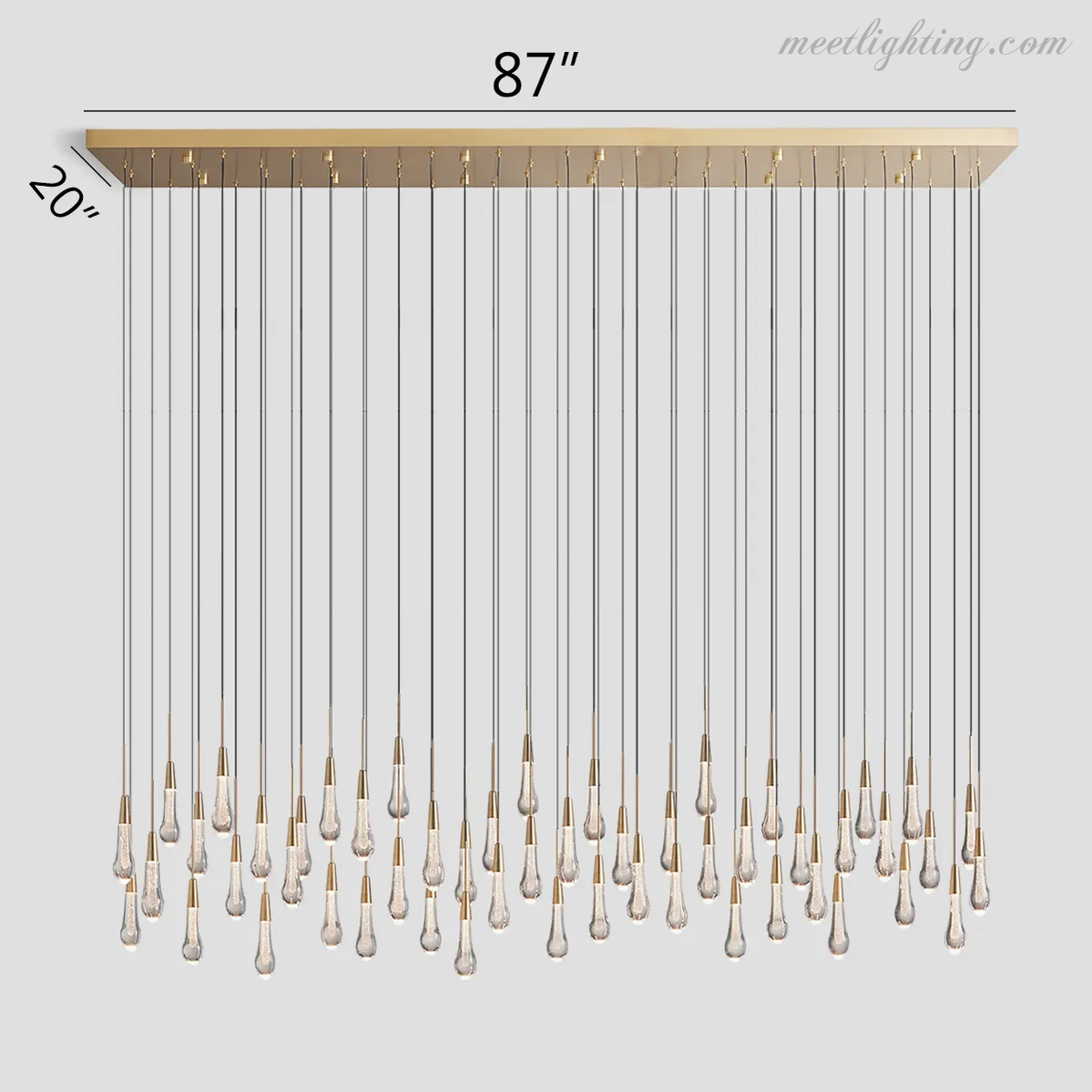 Linear LED Chandelier with Textured Glass Drops – Adjustable Height – Brass Bronze Nickel – 37 to 120 Inch – Dining Room Kitchen Island | Thomler