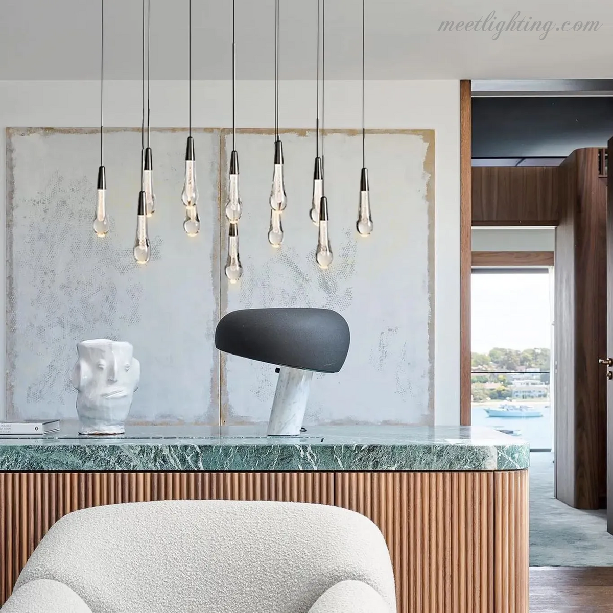 Linear LED Chandelier with Textured Glass Drops – Adjustable Height – Brass Bronze Nickel – 37 to 120 Inch – Dining Room Kitchen Island | Thomler