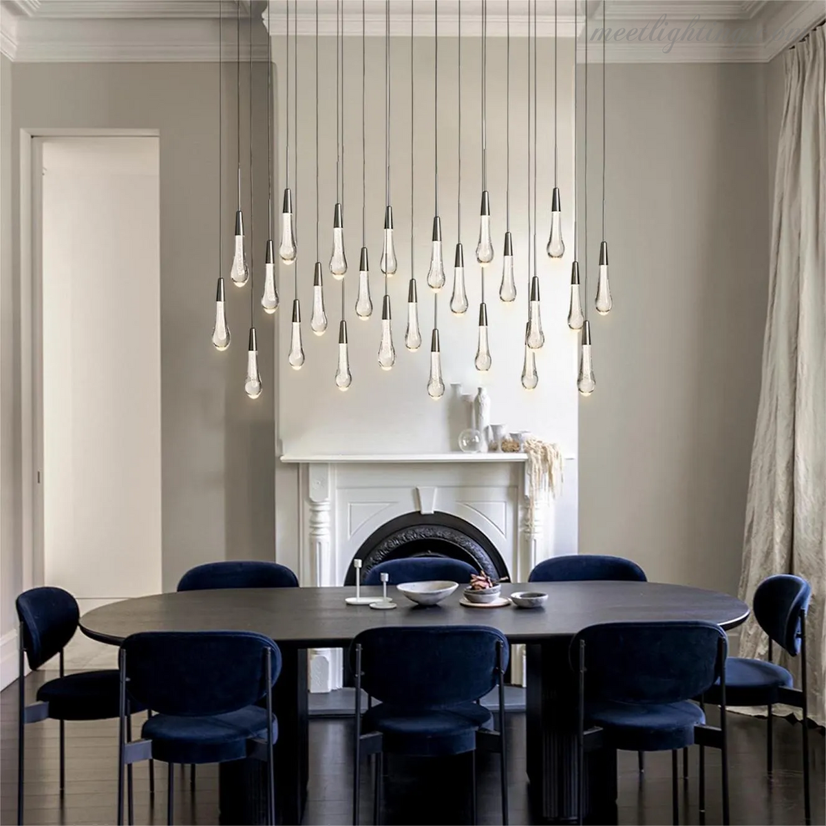 Linear LED Chandelier with Textured Glass Drops – Adjustable Height – Brass Bronze Nickel – 37 to 120 Inch – Dining Room Kitchen Island | Thomler