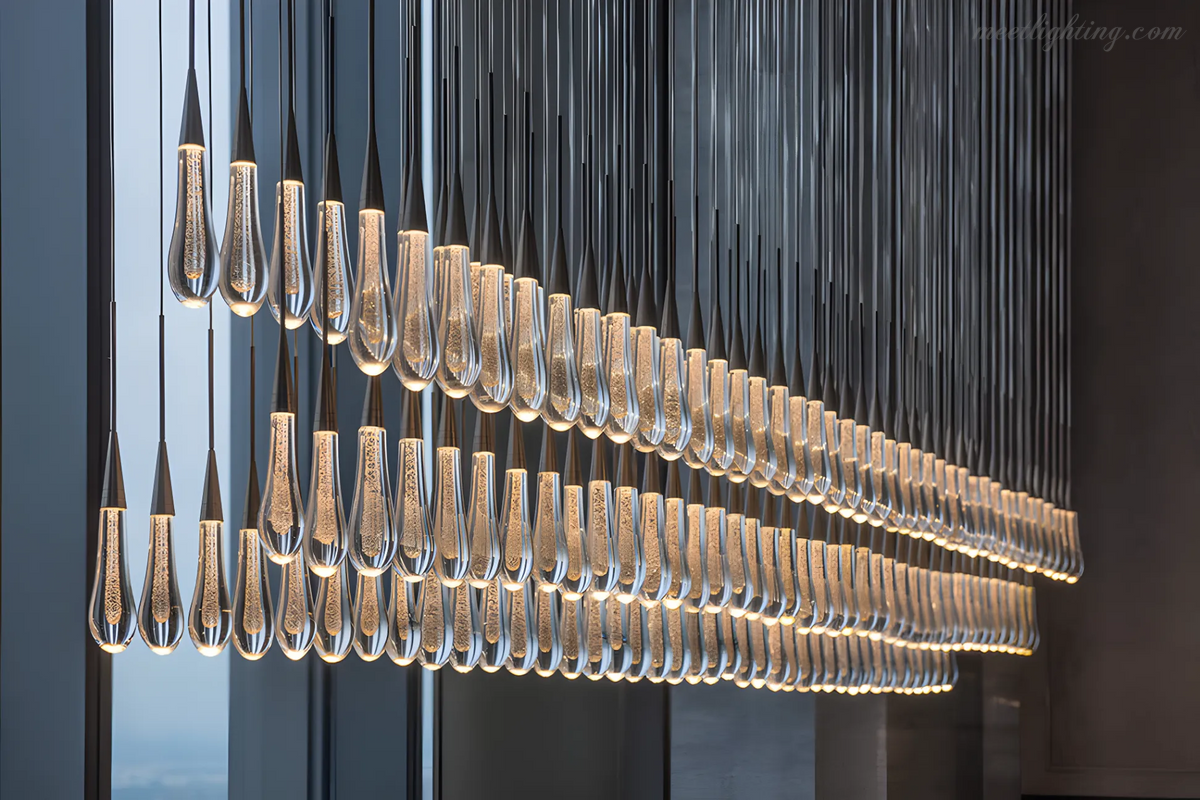 Linear LED Chandelier with Textured Glass Drops – Adjustable Height – Brass Bronze Nickel – 37 to 120 Inch – Dining Room Kitchen Island | Thomler