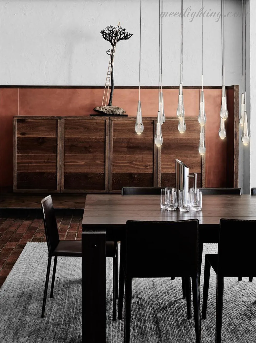 Linear LED Chandelier with Textured Glass Drops – Adjustable Height – Brass Bronze Nickel – 37 to 120 Inch – Dining Room Kitchen Island | Thomler