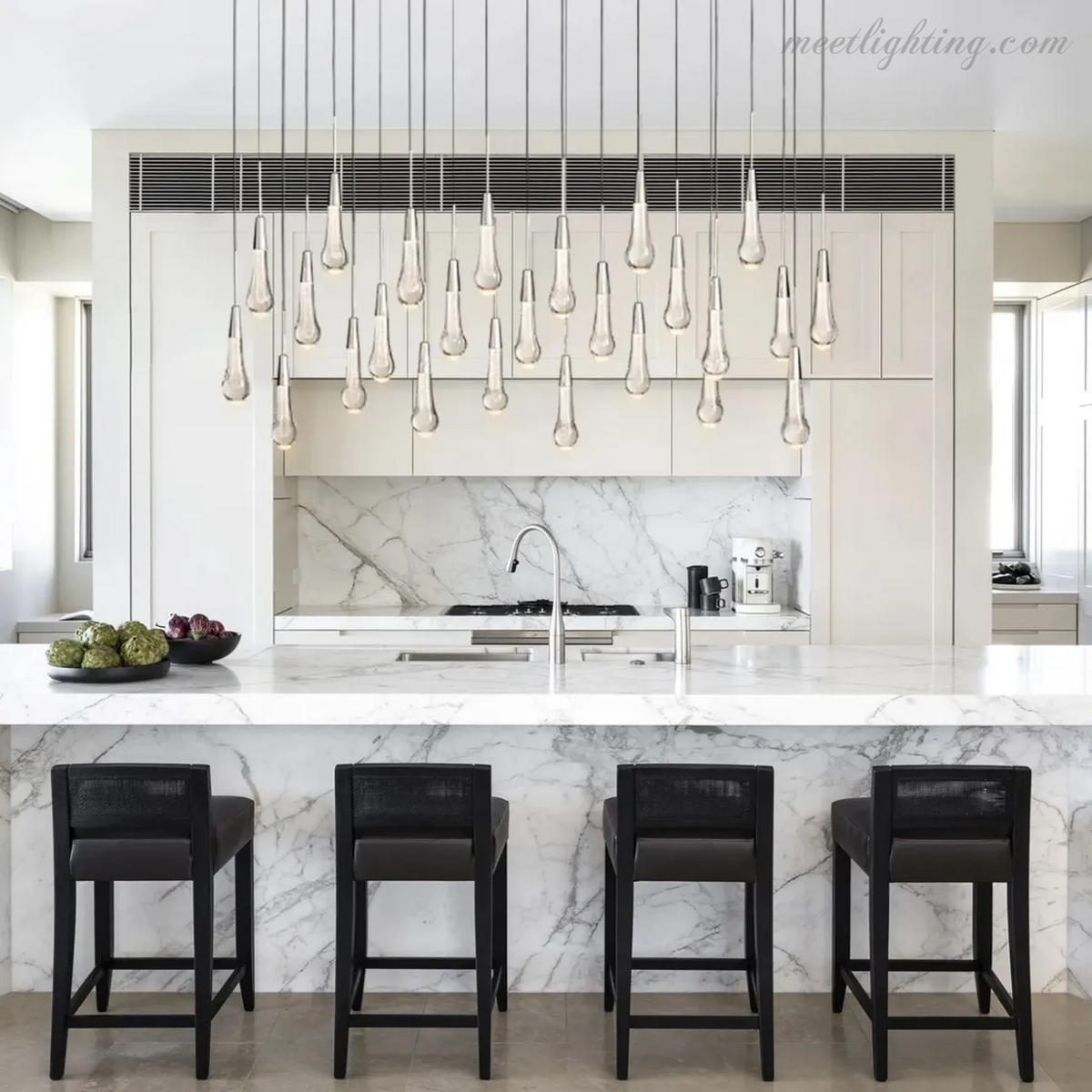 Linear LED Chandelier with Textured Glass Drops – Adjustable Height – Brass Bronze Nickel – 37 to 120 Inch – Dining Room Kitchen Island | Thomler