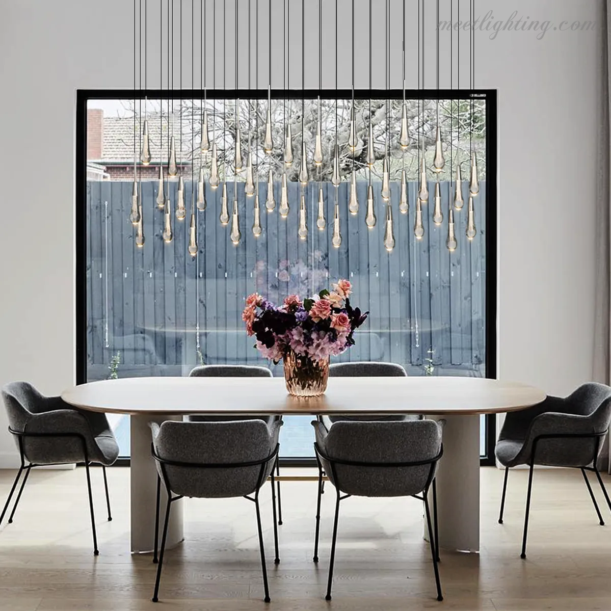 Linear LED Chandelier with Textured Glass Drops – Adjustable Height – Brass Bronze Nickel – 37 to 120 Inch – Dining Room Kitchen Island | Thomler