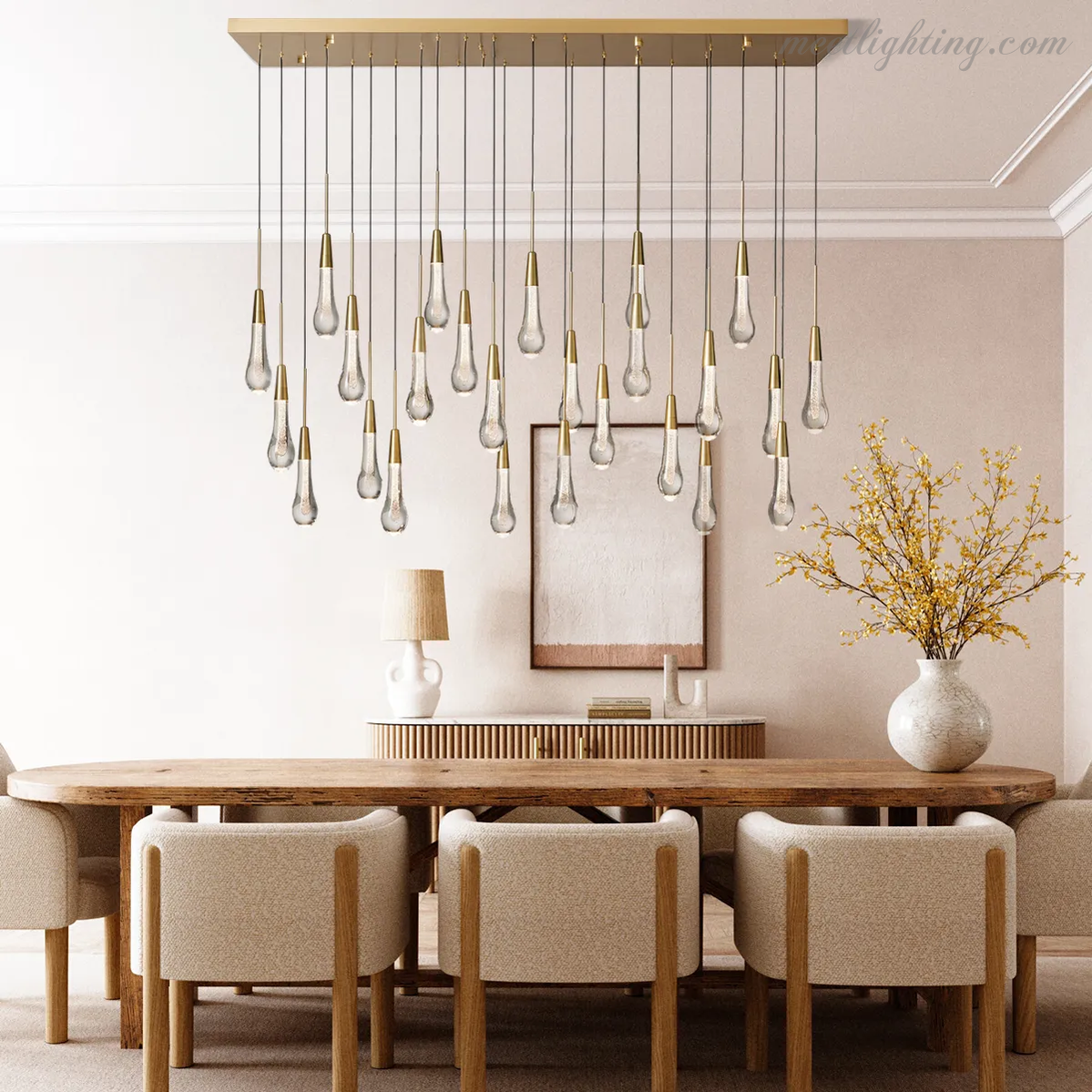 Linear LED Chandelier with Textured Glass Drops – Adjustable Height – Brass Bronze Nickel – 37 to 120 Inch – Dining Room Kitchen Island | Thomler