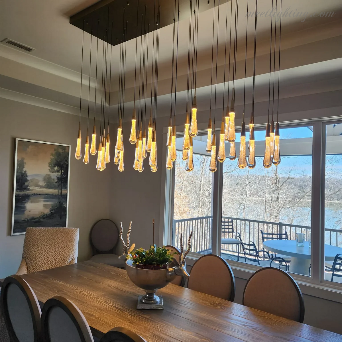 Linear LED Chandelier with Textured Glass Drops – Adjustable Height – Brass Bronze Nickel – 37 to 120 Inch – Dining Room Kitchen Island | Thomler