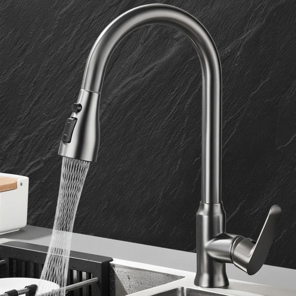 Single-Handle Pull-Down Kitchen Faucet with 360° Swivel Spout – Chrome, Brushed Nickel, Black & Gray Finish Options for Modern Sink | Thomler