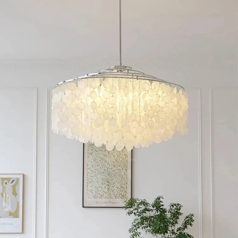Tiered Oceanic Shell Disc Pendant with LED Illumination – Cascading Statement Fixture for High Ceilings | Thomler
