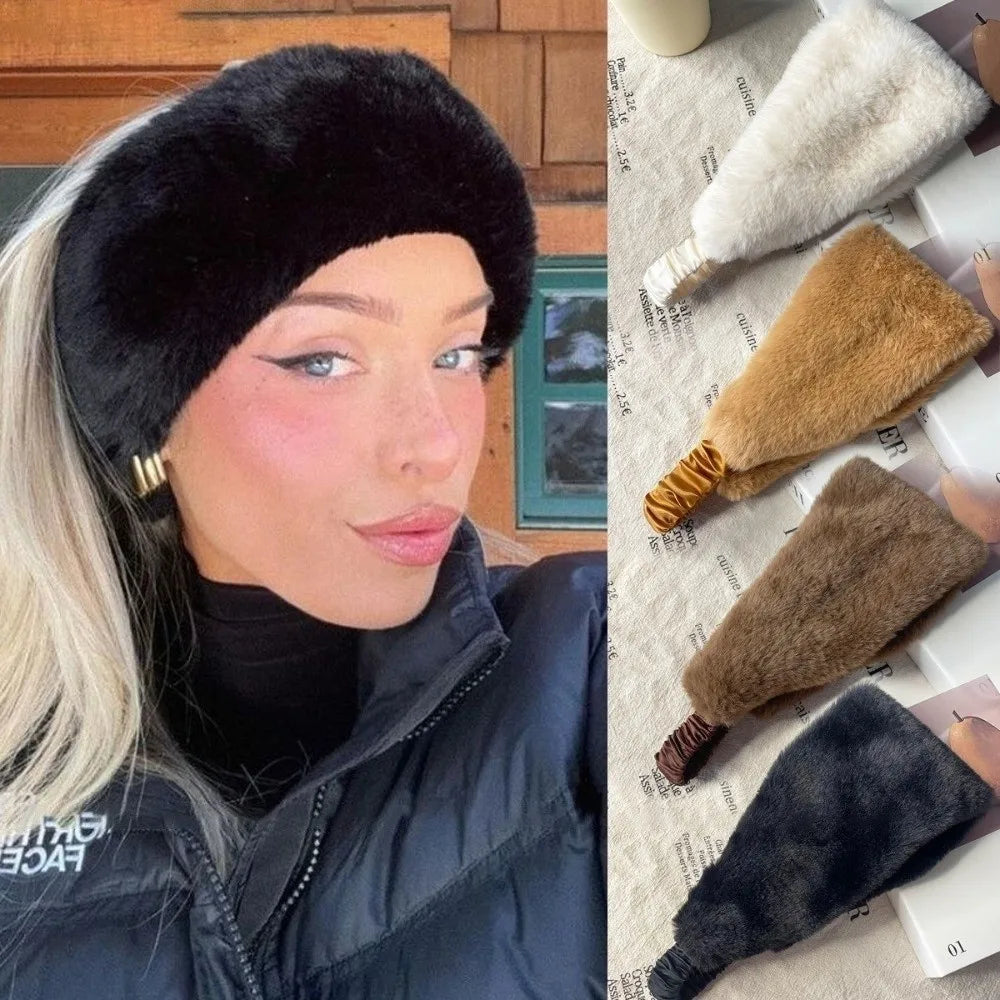 Nieuwe brede ontwerp pluizige hoofdband effen kleur elastische haarband zachte imitatiebont haarbanden dagelijks gebruik
