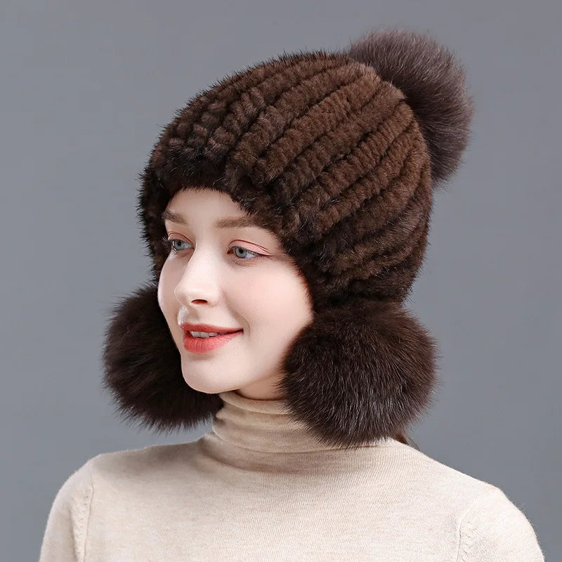 Knitted Real Fur Beanie with Fox Pom-Pom – Luxe Winter Hat for Women | Thomler