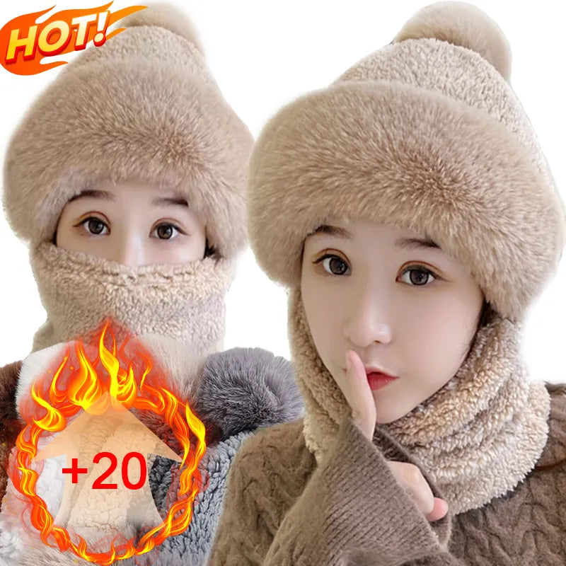 Plush Hooded Scarf Combo Winter Beanie & Neck Warmer Fleece Wrap for Women Cold Weather Outdoor Fashion | Thomler