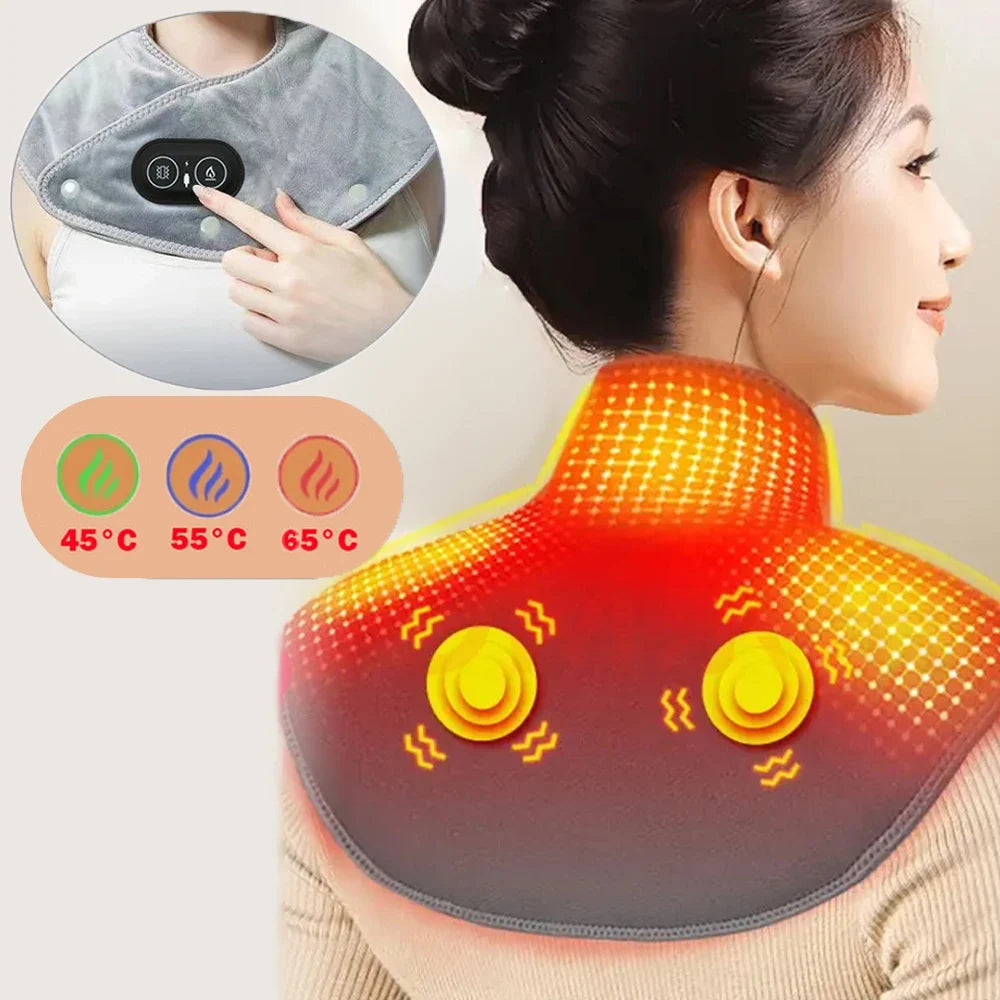 Heated Neck and Shoulder Wrap with Vibration – USB Rechargeable Heat Therapy Cushion – 3 Temperature Settings, Auto Timer, Soft Plush | Thomler