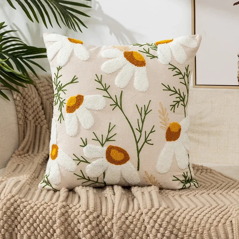 Cushion Cover Cotton Canvas 45.0 cm Floral Embroidered White Sofa Bed Decorative Pillow Case Farmhouse Living Room Accent | Thomler