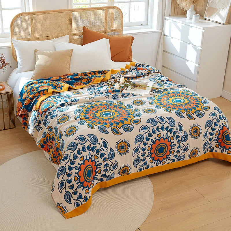 Lightweight Cotton Gauze Throw Blanket Queen King Bed Coverlet Breathable Floral Bedspread for Warm Weather Bedding | Thomler