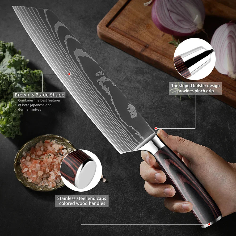 Professional Damascus-Pattern Chef's Blade Set – Hardened Steel Cutlery with Pakkawood Handles – Complete 1-9 Pc Cooking Knife Assortment | Thomler