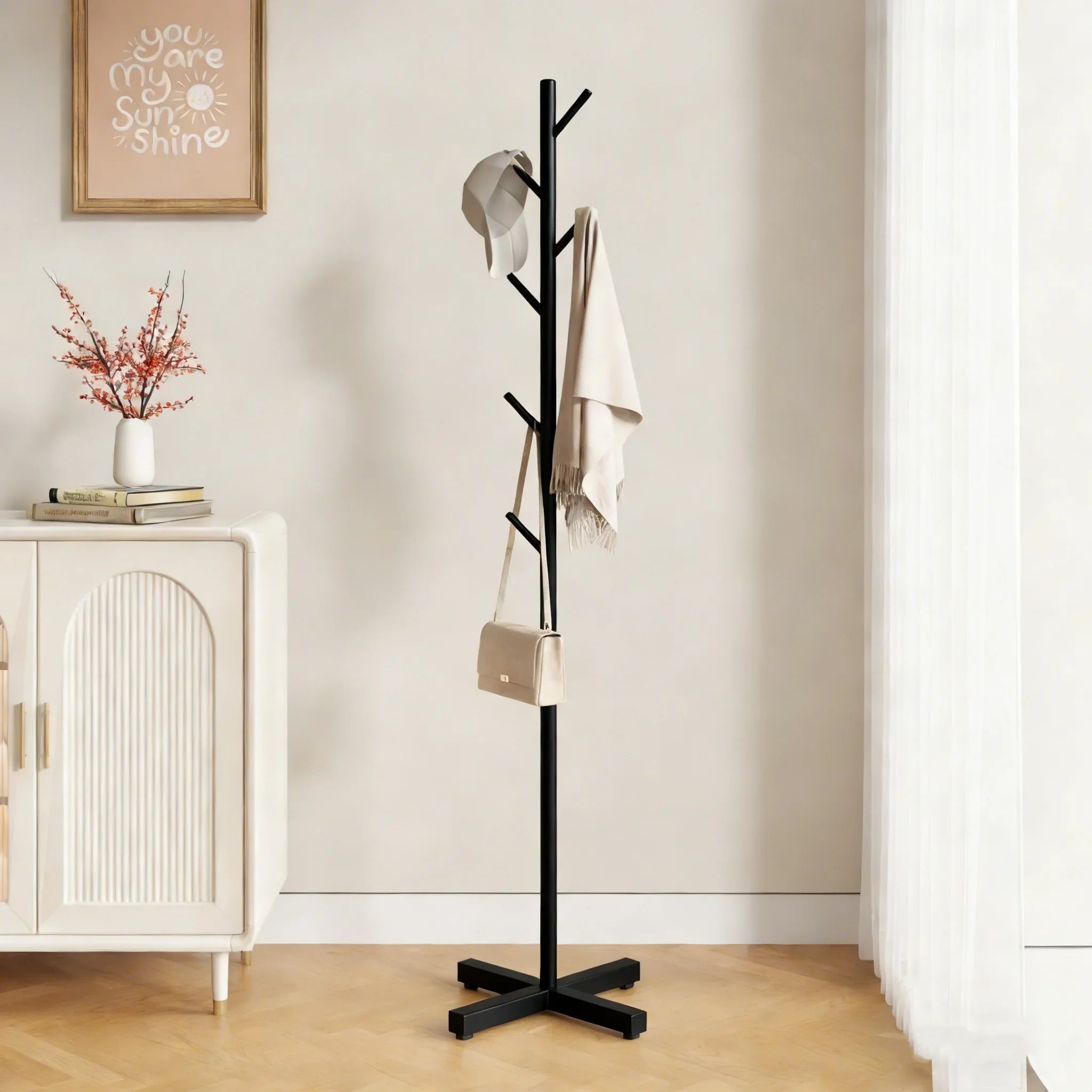 Coat Rack Metal 167.0 cm Black Freestanding Hallway Bedroom Clothes Stand Storage Organiser With 8 Hooks | Thomler