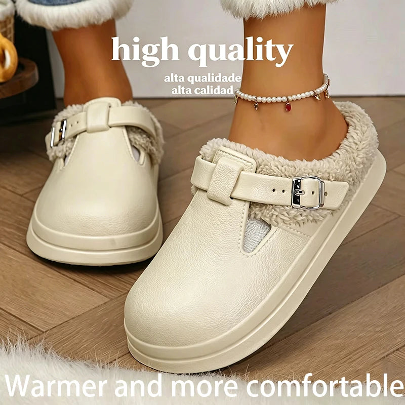 Cushioned Platform House Slippers for Women – Cozy Faux-Fur Indoor Slides with Buckle Detail & Non-Slip Sole | Thomler