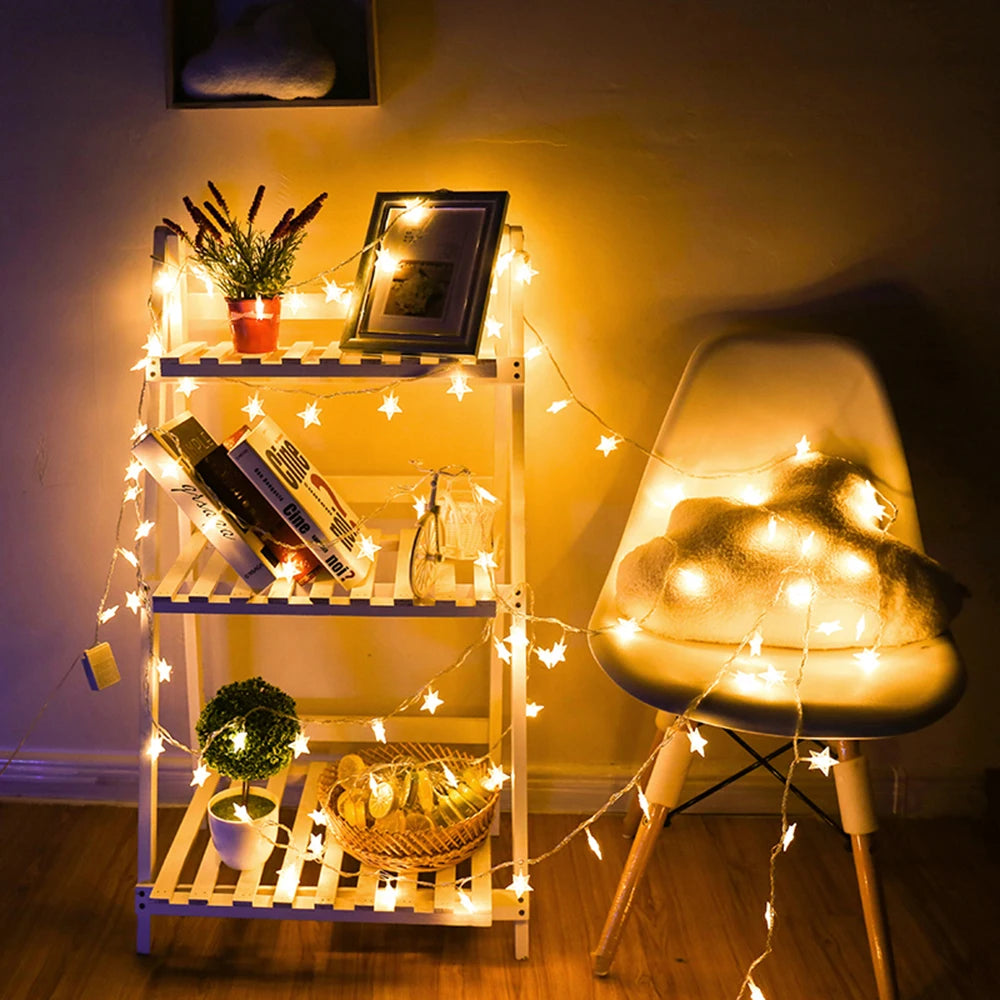 Battery or USB Powered Star Shaped Decorative String Lights for Indoor & Outdoor Spaces – 10 to 80 Bulbs | Thomler