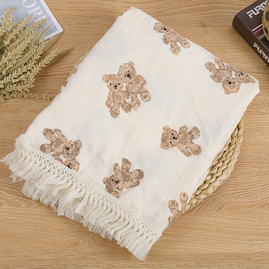 Lightweight Cotton Muslin Baby Blanket with Bear Print – Breathable Swaddle for Newborns & Toddlers | Thomler