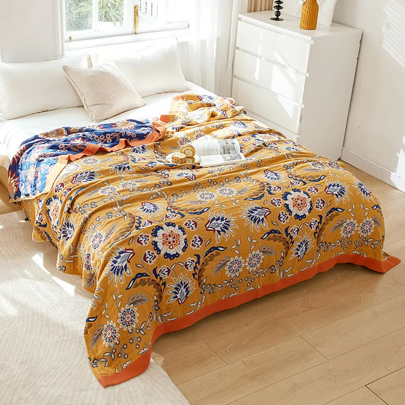 Lightweight Cotton Gauze Throw Blanket Queen King Bed Coverlet Breathable Floral Bedspread for Warm Weather Bedding | Thomler