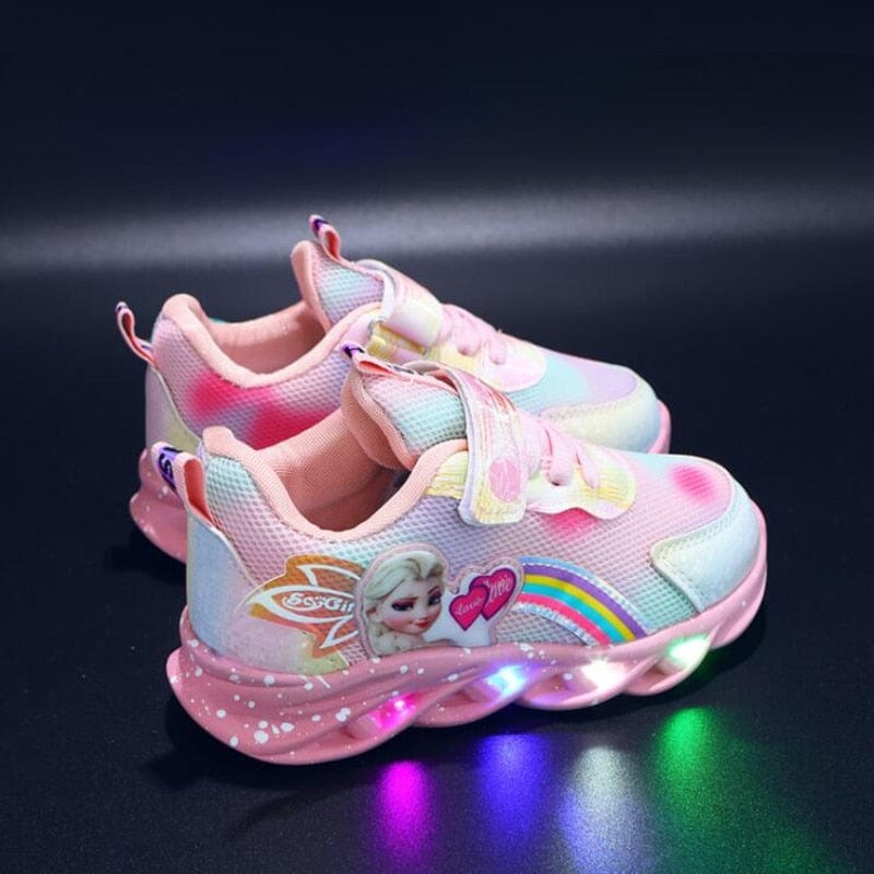 Kids Trainers Mesh LED Sole Pink Rainbow Velcro Everyday School Play Glitter Light Up Sneakers | Thomler