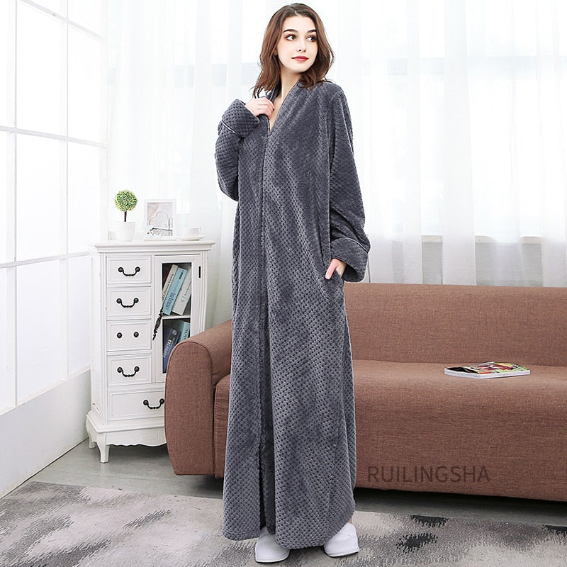 Zippered Fleece Bathrobe for Women & Men Hooded & Non-Hooded Thermal Lounge Robe with Pockets Soft Lightweight Warmth | Thomler