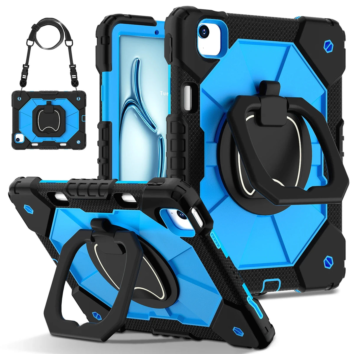 Triple-Layer iPad Protective Case with 360° Rotating Hand Grip, Integrated Kickstand & Shoulder Strap | Tempered Glass Screen Protector | Thomler
