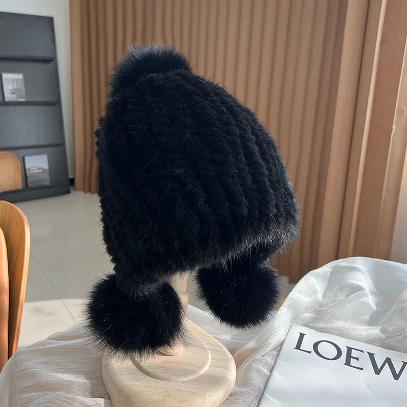Knitted Real Fur Beanie with Fox Pom-Pom – Luxe Winter Hat for Women | Thomler