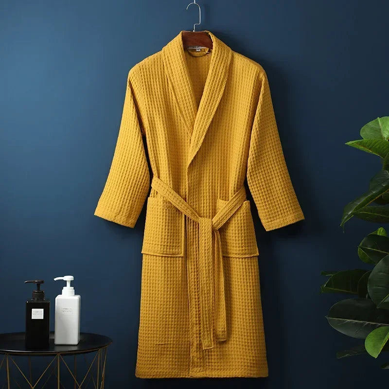 Lightweight Cotton Waffle Weave Bathrobe for Women – Mid-Calf Length Spa Robe with Long Sleeves for Spring & Summer | Thomler