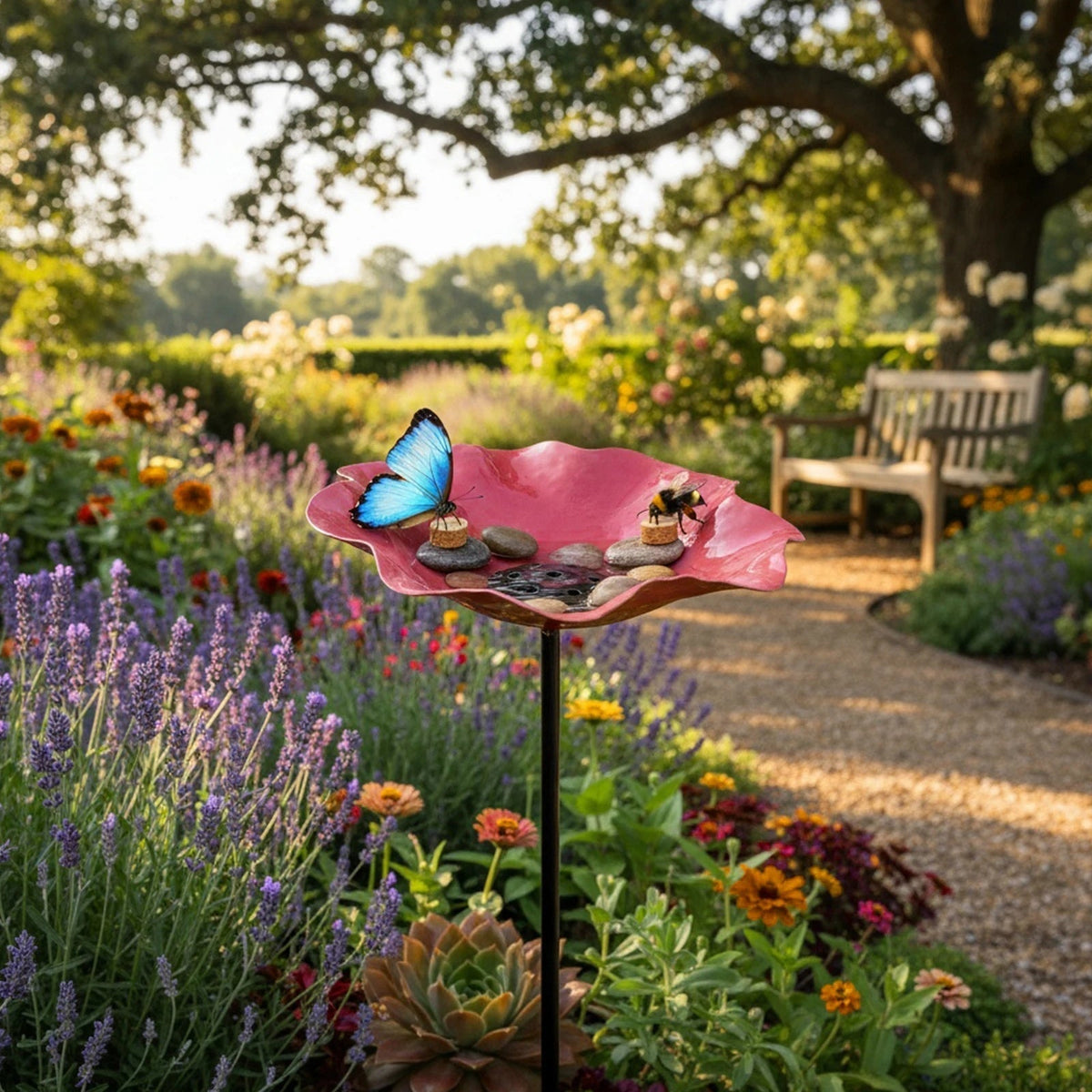 Metal Flower Stake Bird Bath for Garden, Yard & Patio – Decorative Pollinator Watering Station in 6 Colors | Thomler